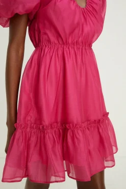 Sale Oasis Puff Sleeve Plunge Neck Organza Mini Dress Hot Pink