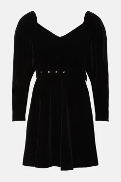 Hot Oasis Puff Sleeve Velvet Belted Skater Dress Black