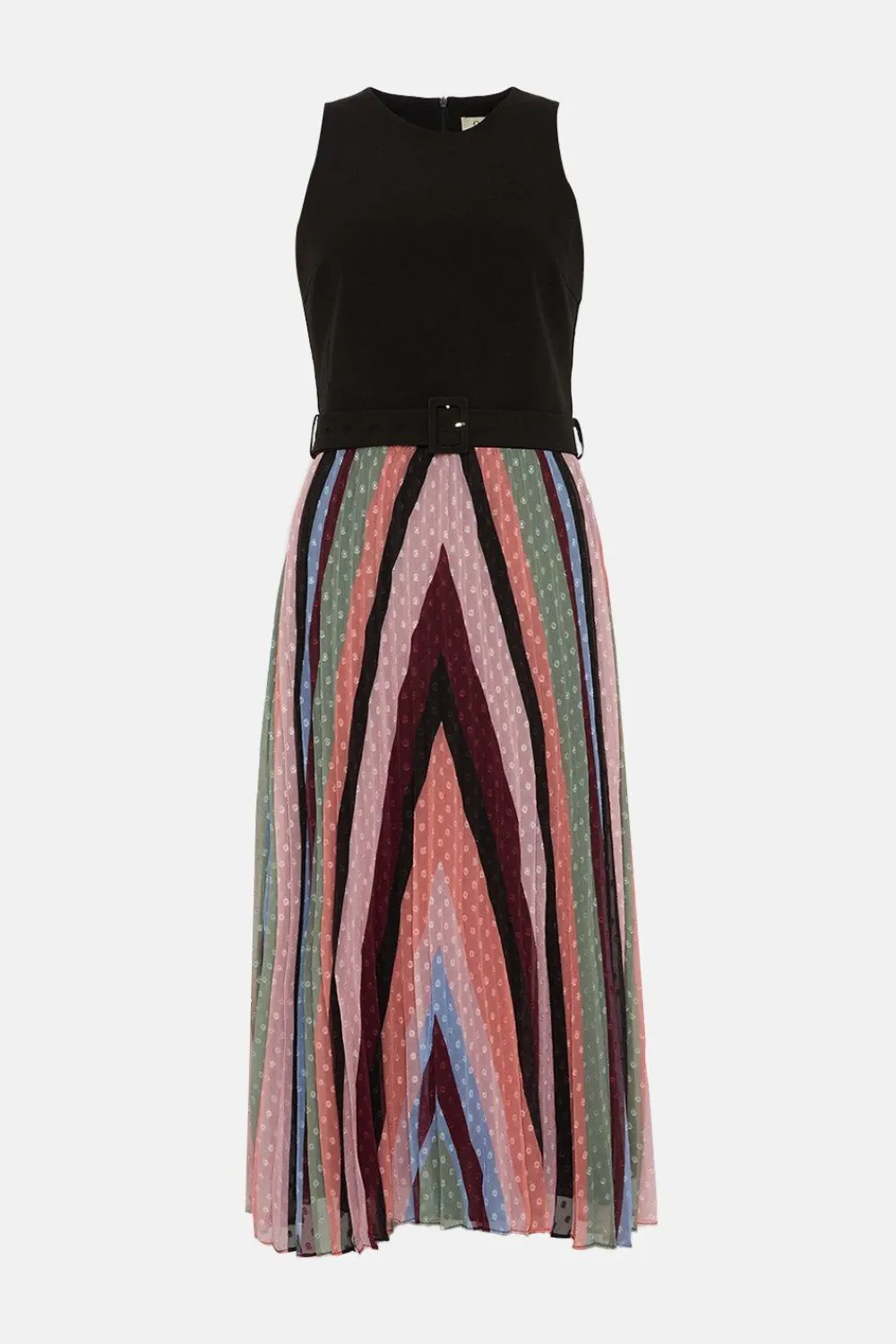 Fashion Oasis Racer Back Large Multi Stripe 2 In 1 Pleated Midi Dress Black