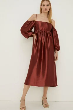 Discount Oasis Rachel Stevens Cold Shoulder Satin Dress Rust