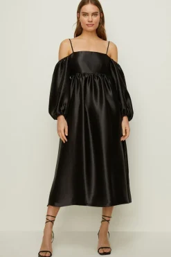 Fashion Oasis Rachel Stevens Cold Shoulder Satin Dress Black