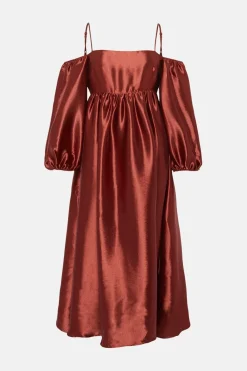 Discount Oasis Rachel Stevens Cold Shoulder Satin Dress Rust