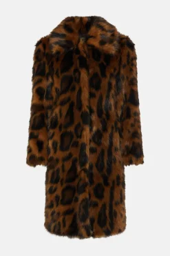 Fashion Oasis Rachel Stevens Collared Longline Animal Faux Fur Coat Brown