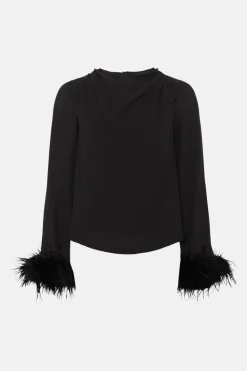 New Oasis Rachel Stevens Feather Cuff Cowl Neck Blouse Black