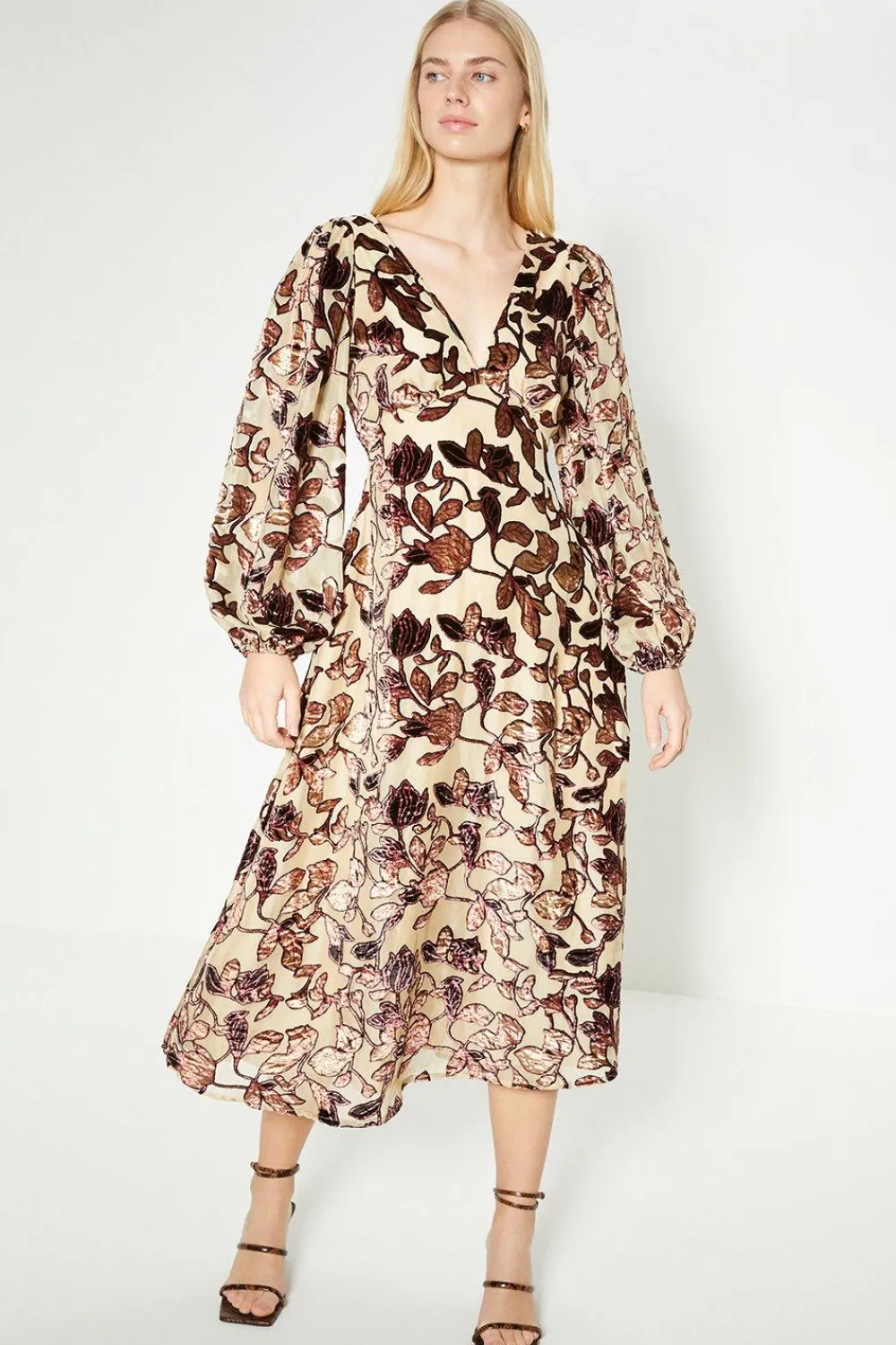 Hot Oasis Rachel Stevens Floral Devore Long Sleeve Midi Dress Nude