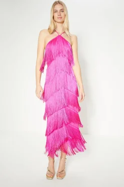 Discount Oasis Rachel Stevens Fringed Halter Neck Midi Dress Pink