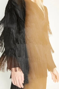 Clearance Oasis Rachel Stevens Fringed Long Sleeve Mini Dress Black