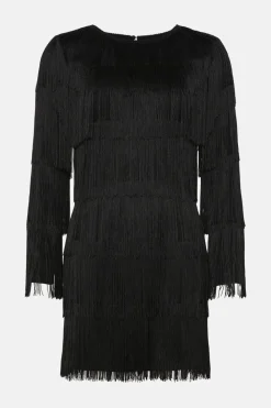 Clearance Oasis Rachel Stevens Fringed Long Sleeve Mini Dress Black