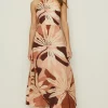 New Oasis Rachel Stevens Linen Mix Palm Midi Dress Brown
