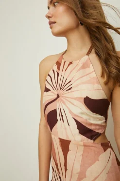 New Oasis Rachel Stevens Linen Mix Palm Midi Dress Brown