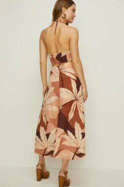 New Oasis Rachel Stevens Linen Mix Palm Midi Dress Brown