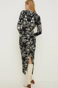 Clearance Oasis Rachel Stevens Mono Print Ruched Midi Dress Black