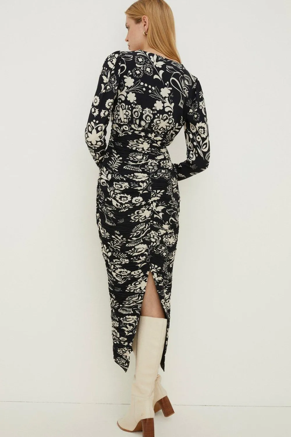 Clearance Oasis Rachel Stevens Mono Print Ruched Midi Dress Black