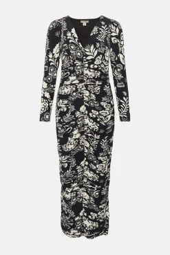 Clearance Oasis Rachel Stevens Mono Print Ruched Midi Dress Black