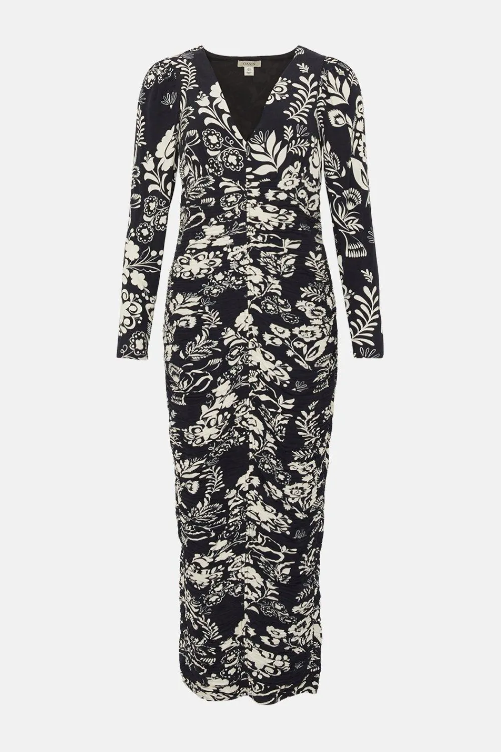 Clearance Oasis Rachel Stevens Mono Print Ruched Midi Dress Black