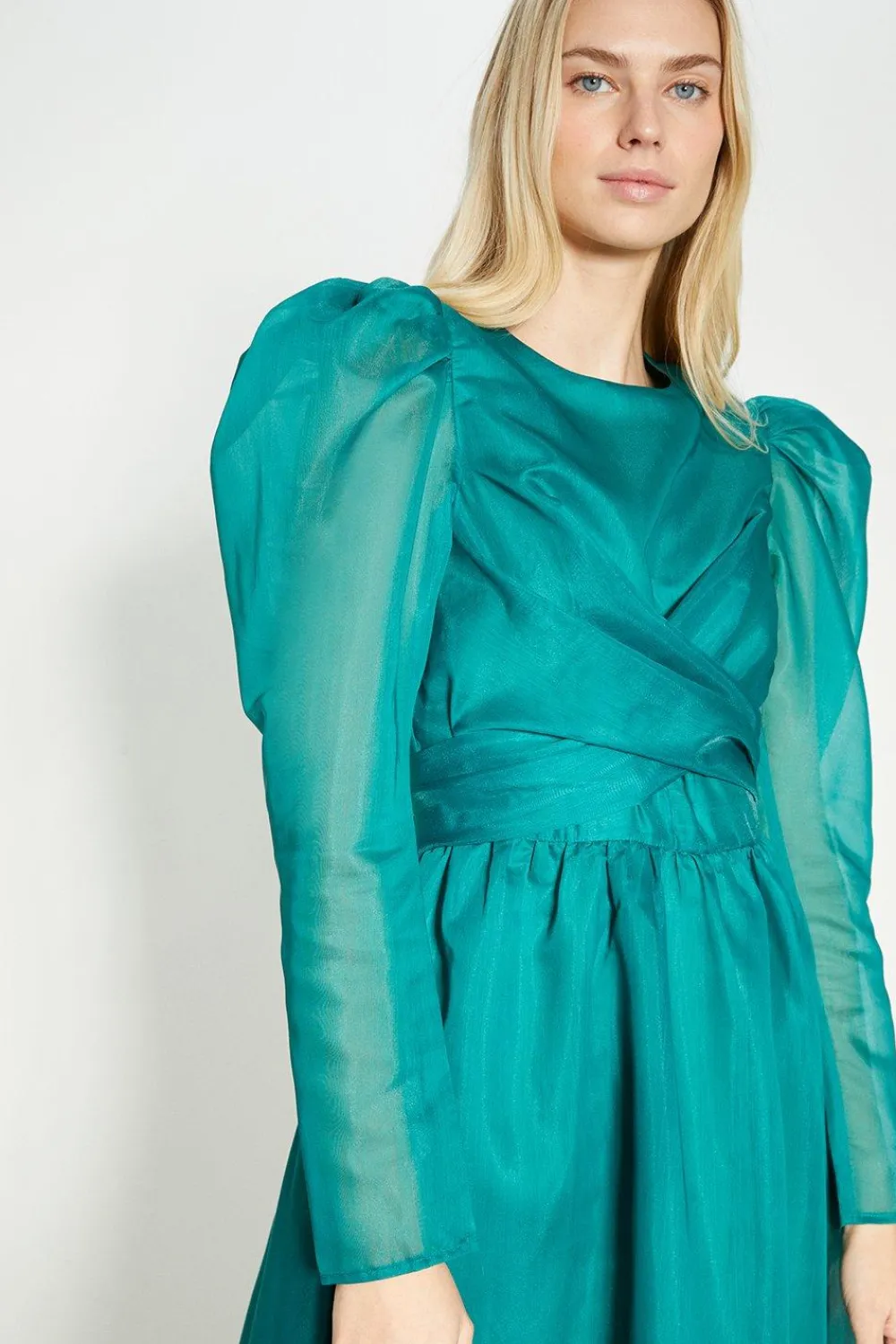 Best Oasis Rachel Stevens Organza Wrap Front Detailed Midi Dress Green
