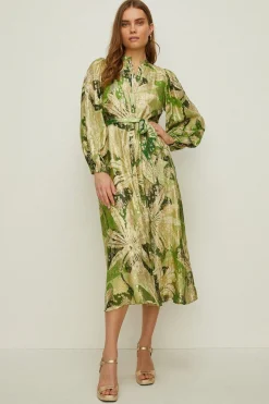 Sale Oasis Rachel Stevens Palm Printed Metallic Dress Green
