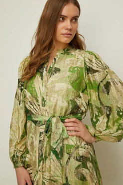 Sale Oasis Rachel Stevens Palm Printed Metallic Dress Green