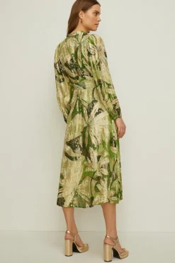 Sale Oasis Rachel Stevens Palm Printed Metallic Dress Green
