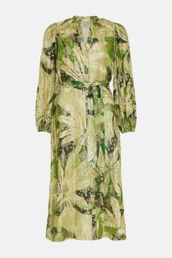 Sale Oasis Rachel Stevens Palm Printed Metallic Dress Green