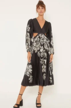 Outlet Oasis Rachel Stevens Petite Chrome Floral Pleated V Neck Midi Dress Mono