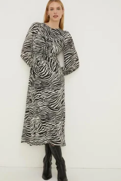New Oasis Rachel Stevens Petite Printed Ruched Front Midi Dress Zebra