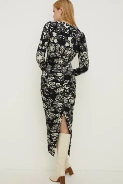 Hot Oasis Rachel Stevens Petite Print Ruched Midi Dress Black