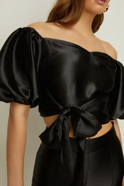 Hot Oasis Rachel Stevens Petite Satin Tie Back Top Black