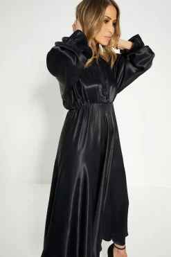 Fashion Oasis Rachel Stevens Petite Satin Blouson Midi Dress Black