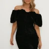 Outlet Oasis Rachel Stevens Petite Velvet Ruched Bardot Midi Dress Black
