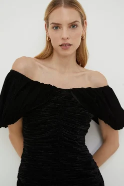 Outlet Oasis Rachel Stevens Petite Velvet Ruched Bardot Midi Dress Black