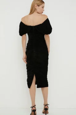 Outlet Oasis Rachel Stevens Petite Velvet Ruched Bardot Midi Dress Black