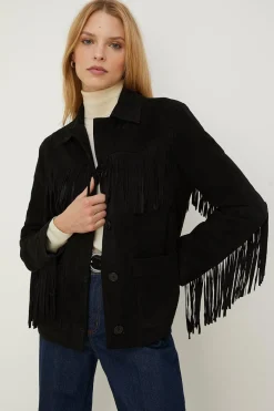 Best Oasis Rachel Stevens Real Suede Fringe Jacket Black