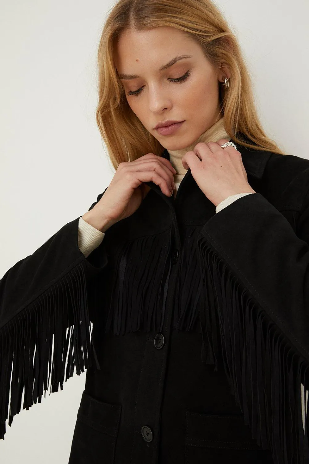 Best Oasis Rachel Stevens Real Suede Fringe Jacket Black