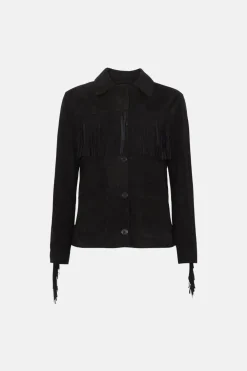 Best Oasis Rachel Stevens Real Suede Fringe Jacket Black