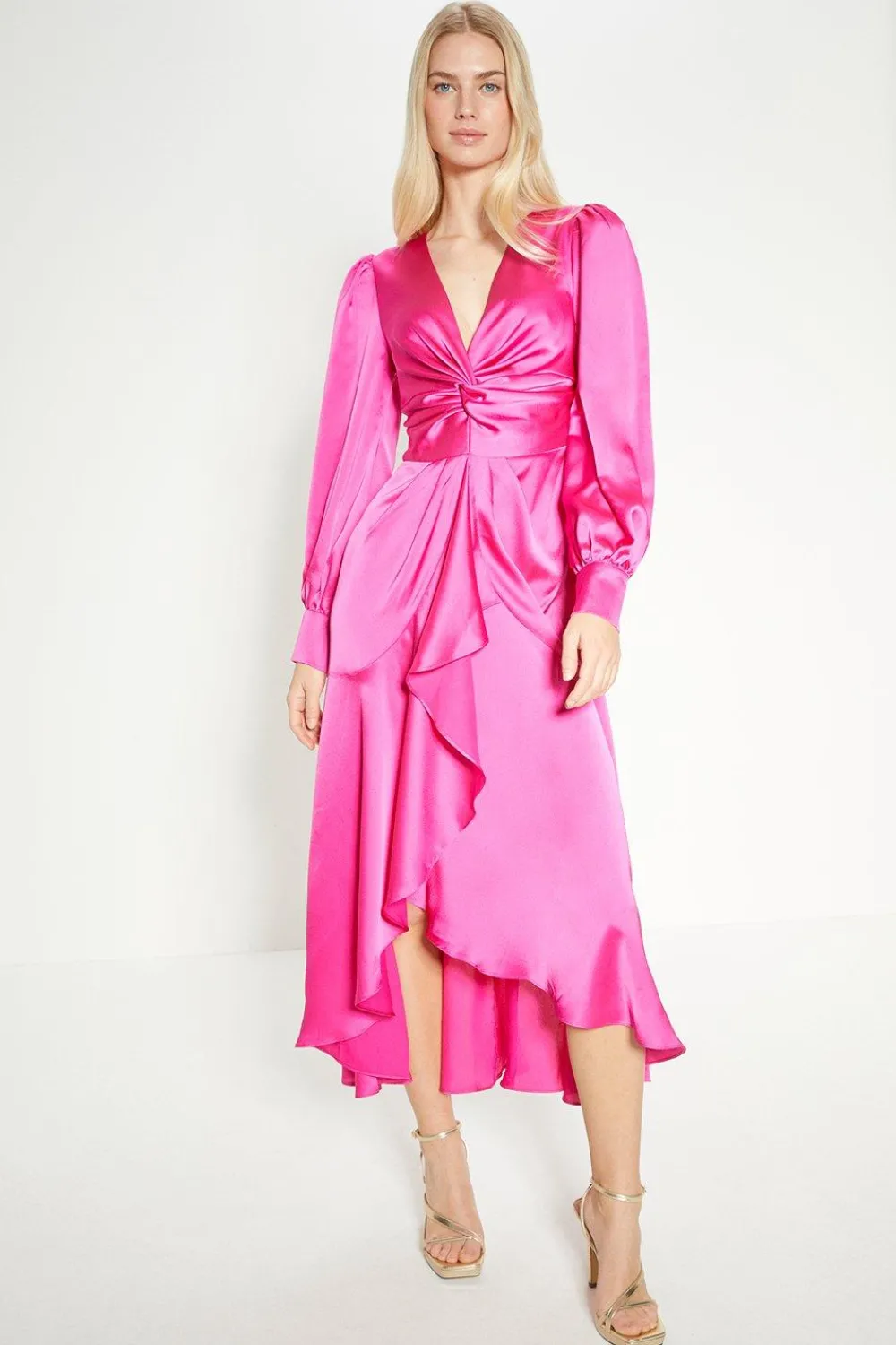 Outlet Oasis Rachel Stevens Satin Twist Front Draped Midi Dress Pink