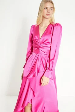 Outlet Oasis Rachel Stevens Satin Twist Front Draped Midi Dress Pink