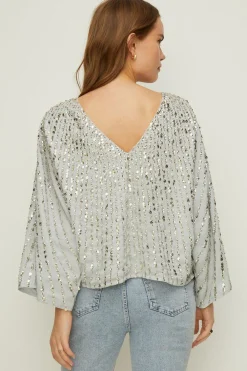 Sale Oasis Rachel Stevens Sequin Stripe Embellished Top Pale Blue