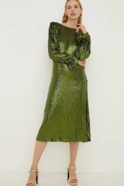 Sale Oasis Rachel Stevens Sequin V Back Long Sleeve Midi Dress Green