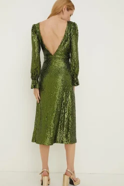 Sale Oasis Rachel Stevens Sequin V Back Long Sleeve Midi Dress Green