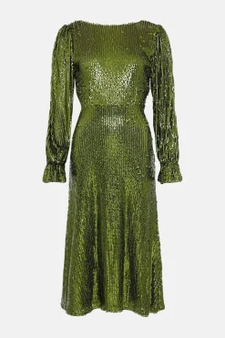 Sale Oasis Rachel Stevens Sequin V Back Long Sleeve Midi Dress Green