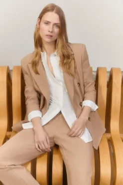 Clearance Oasis Rachel Stevens Stretch Crepe Double Breasted Longline Blazer Camel