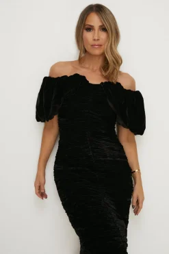 New Oasis Rachel Stevens Velvet Ruched Bardot Midi Dress Black