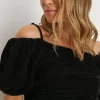 Hot Oasis Rachel Stevens Velvet Ruched Bardot Top Black