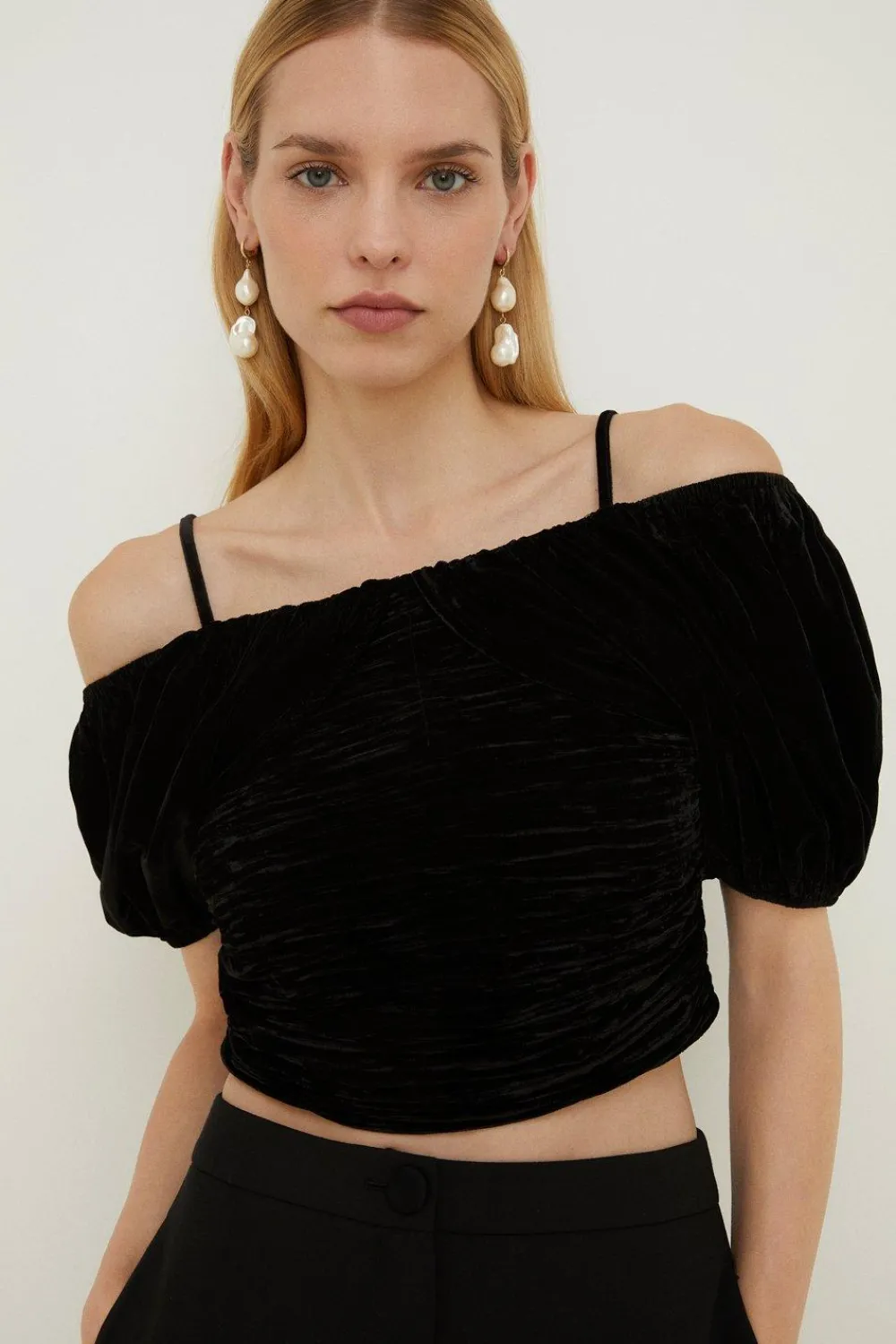 Hot Oasis Rachel Stevens Velvet Ruched Bardot Top Black