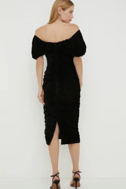 New Oasis Rachel Stevens Velvet Ruched Bardot Midi Dress Black