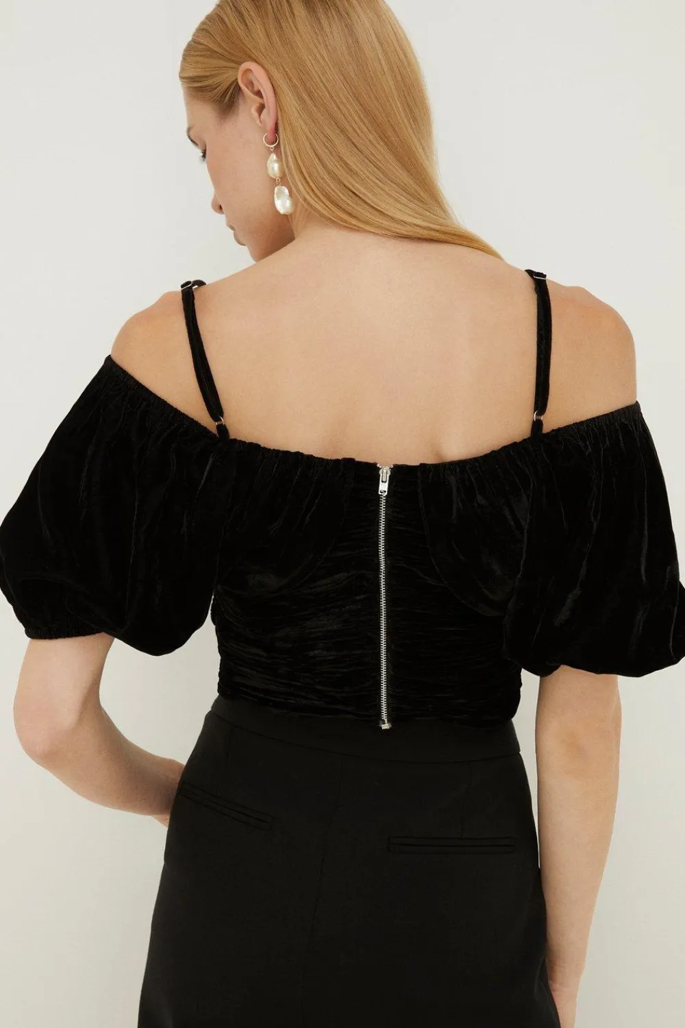 Hot Oasis Rachel Stevens Velvet Ruched Bardot Top Black