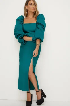 Sale Oasis Rachel Stevens Volume Sleeve Split Midi Dress Emerald
