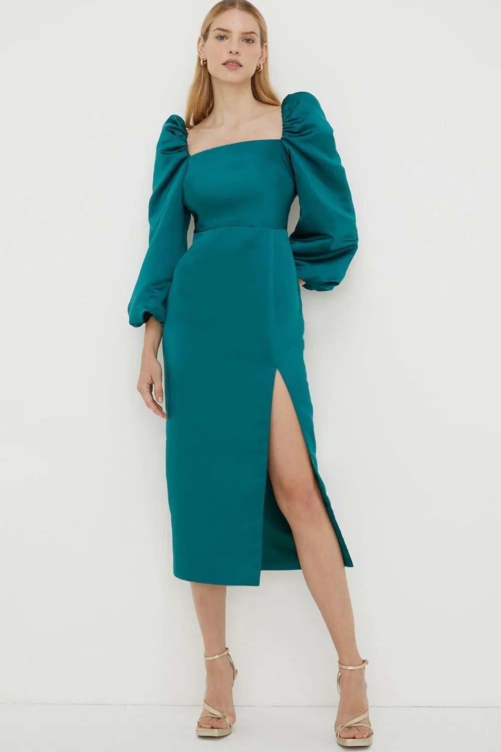 Sale Oasis Rachel Stevens Volume Sleeve Split Midi Dress Emerald