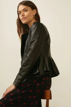 New Oasis Real Leather Peplum Collarless Jacket Cream